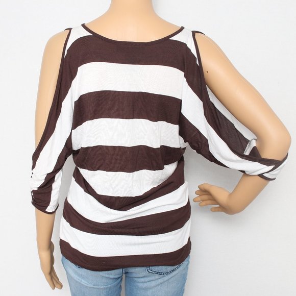 INC International Concepts Brown White Striped Cold Shoulder Top S - Picture 5 of 6